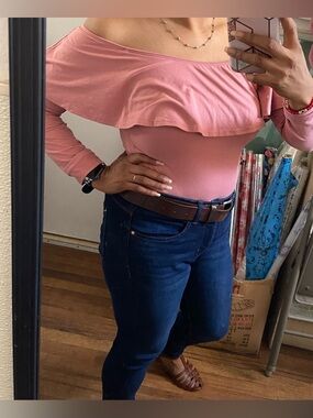 Chocolate Soft Ruffle Off-Shoulder top in Dusty Rose